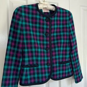 Vintage Pendleton Wool Purple Green Plaid Blazer Jacket Black Buttons Size 6P